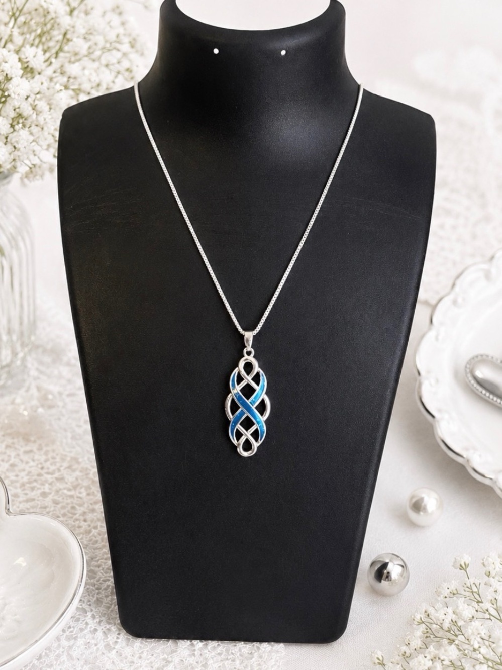 Silver-tone Blue Enamel Infinity Pendant Necklace-Silver Hardware-NWOT